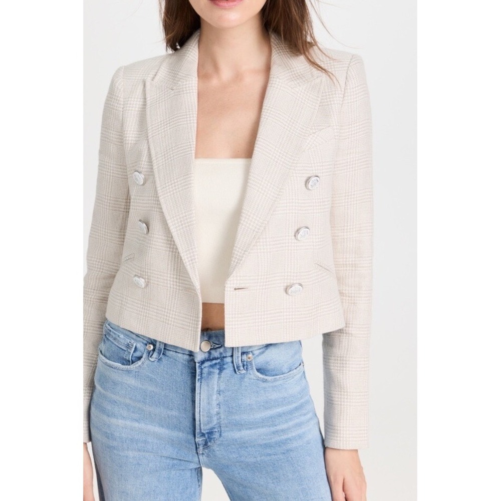 Veronica Beard Nevis Cropped Check Linen Blazer in Oatmeal